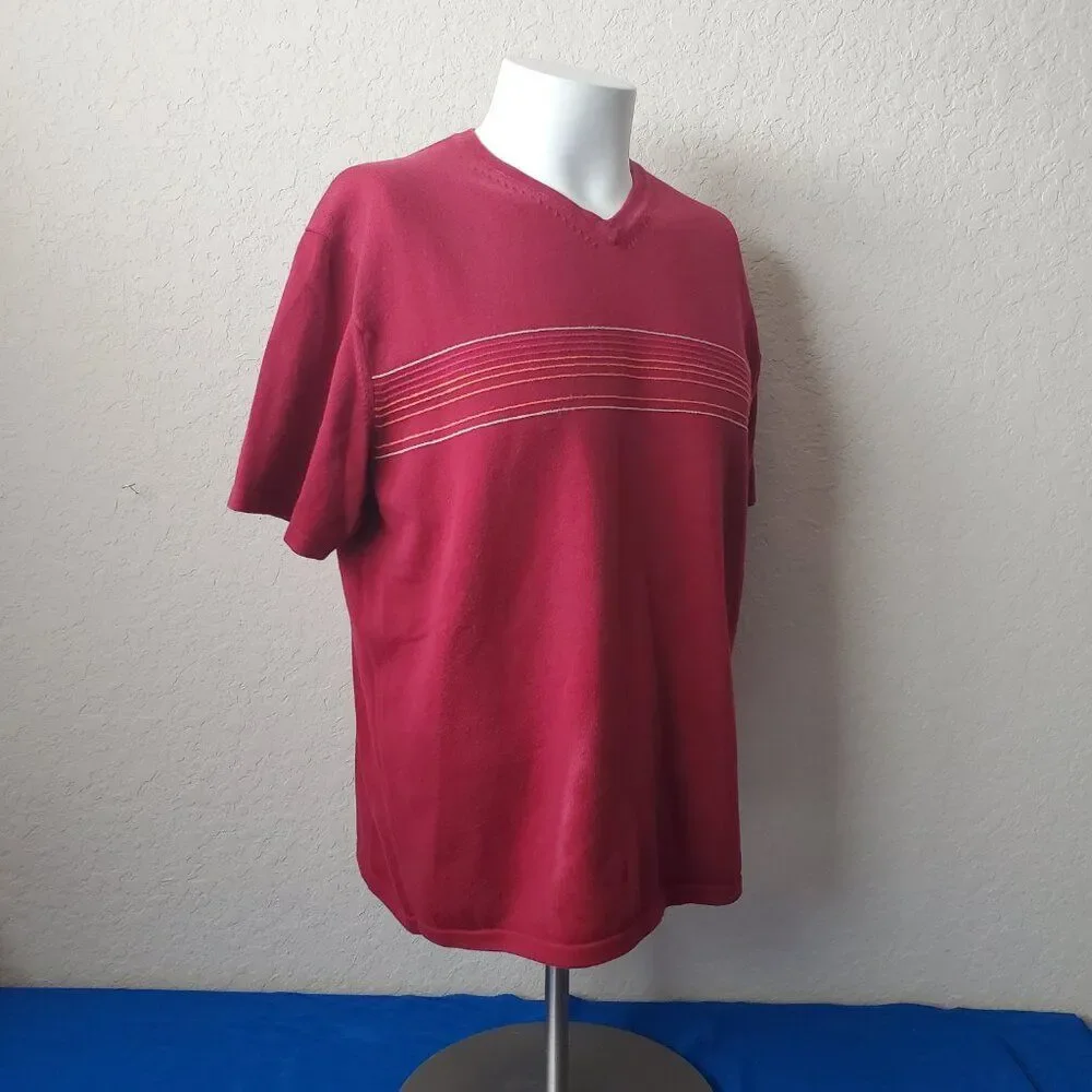VTG Banana Republic Pima Cotton Sweater Shirt L Maroon Red Striped V-Neck Tee